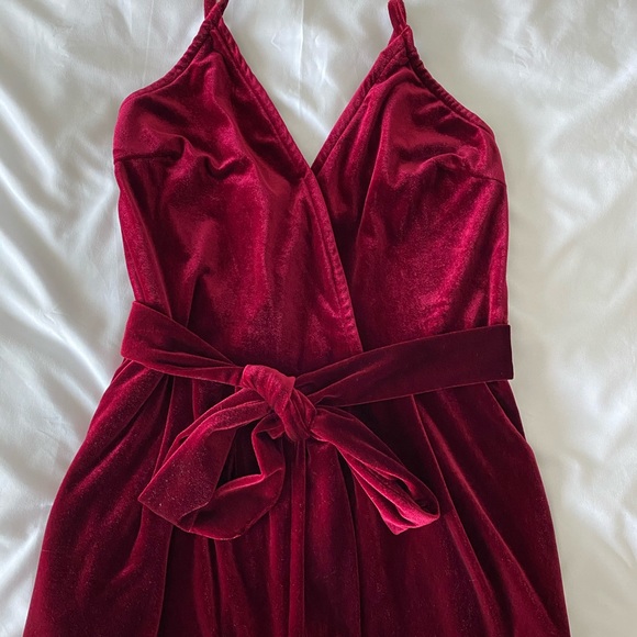 Red Belted Velvet Jumpsuit - Picture 2 of 5
